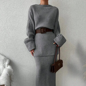 Dark Grey Casual Women's Drop Shoulder Sweater & Knit Skirt